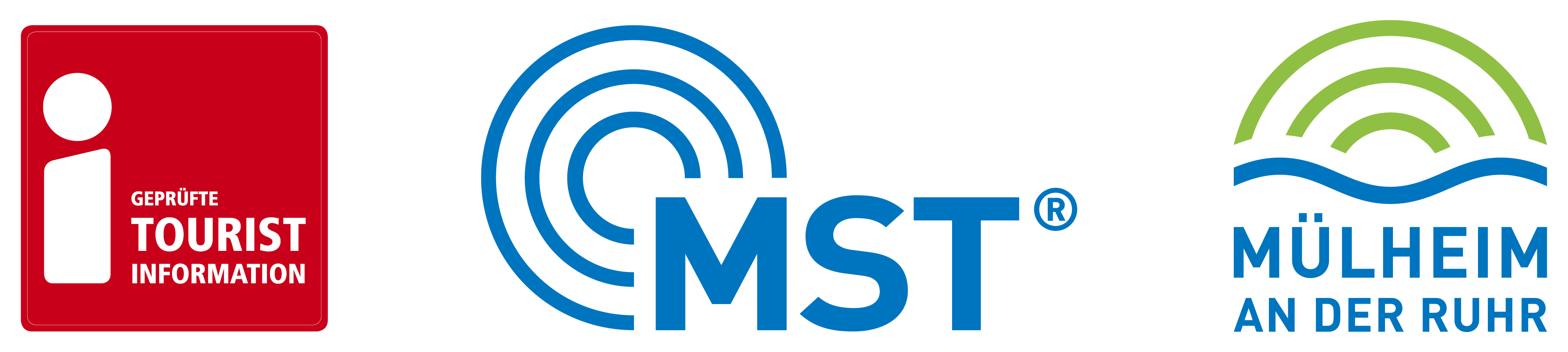 Logokombination mit Touristinfo-Siegel, MST-Logo und Dachmarke „Mülheim an der Ruhr” auf transparentem Hintergrund