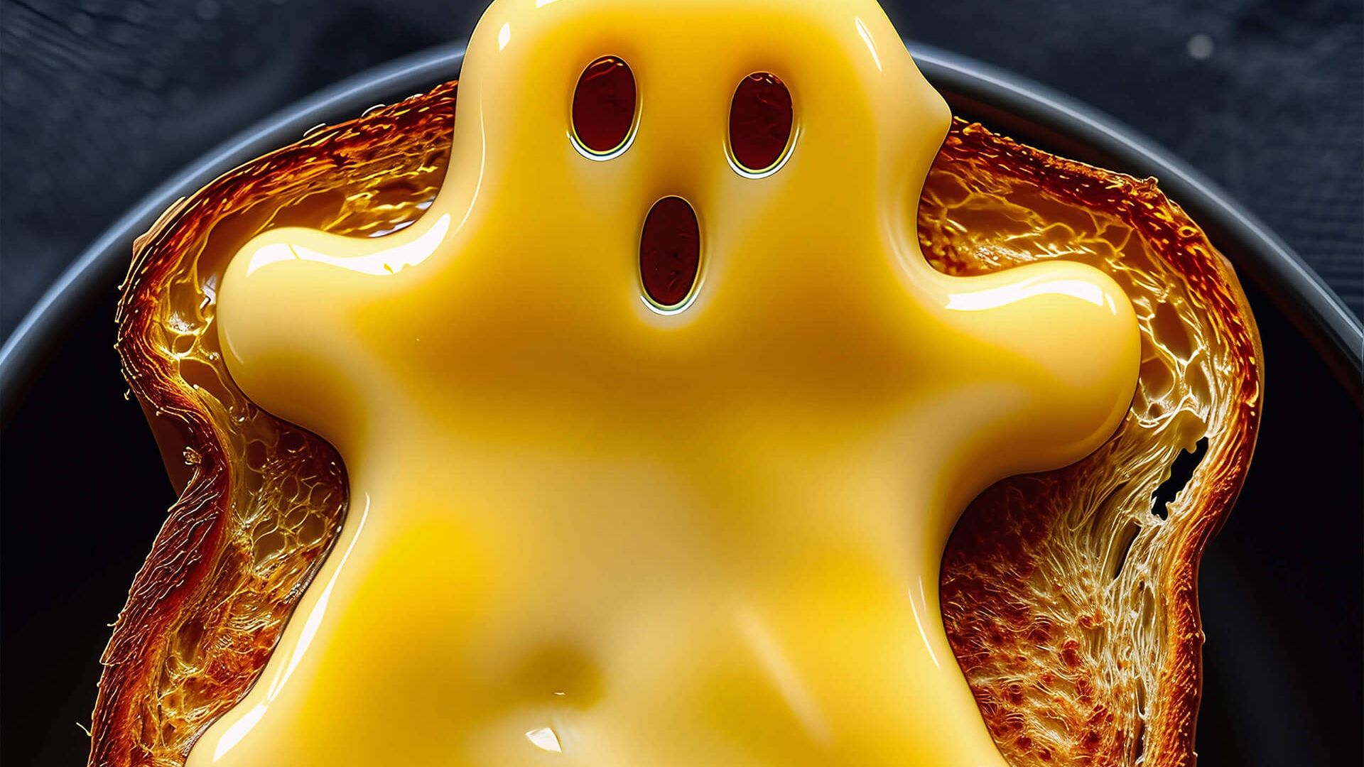 Toast belegt mit einer Eierspezialität in Form eines Gespensts