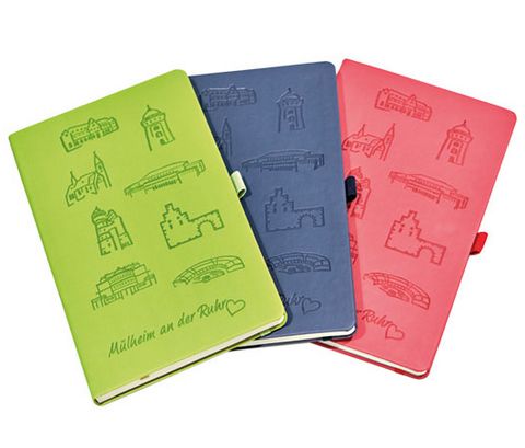 Mülheim-Souvenir: Notizbuch aus Apfelleder mit Motiven aus Mülheim an der Ruhr, erhältlich in der Touristinfo
