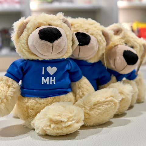 Mülheim-Souvenir: Plüschbär Jupp mit blauem „I love Mülheim”-T-Shirt, erhältlich in der Touristinfo