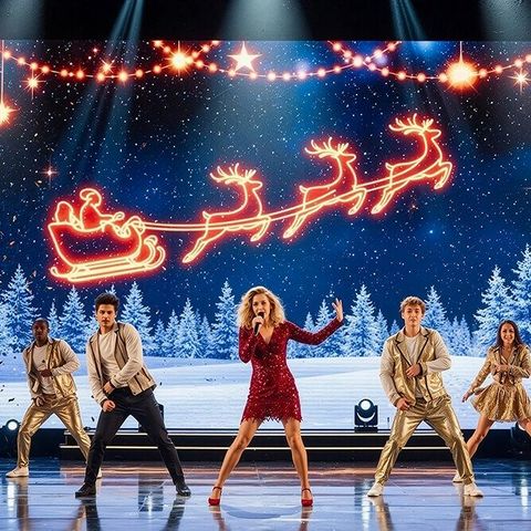 Sängerin und Tänzer in weihnachtlich-glitzernden Outfits performen auf einer Bühne, dahinter ein Screen mit weihnachtlichem Motiv