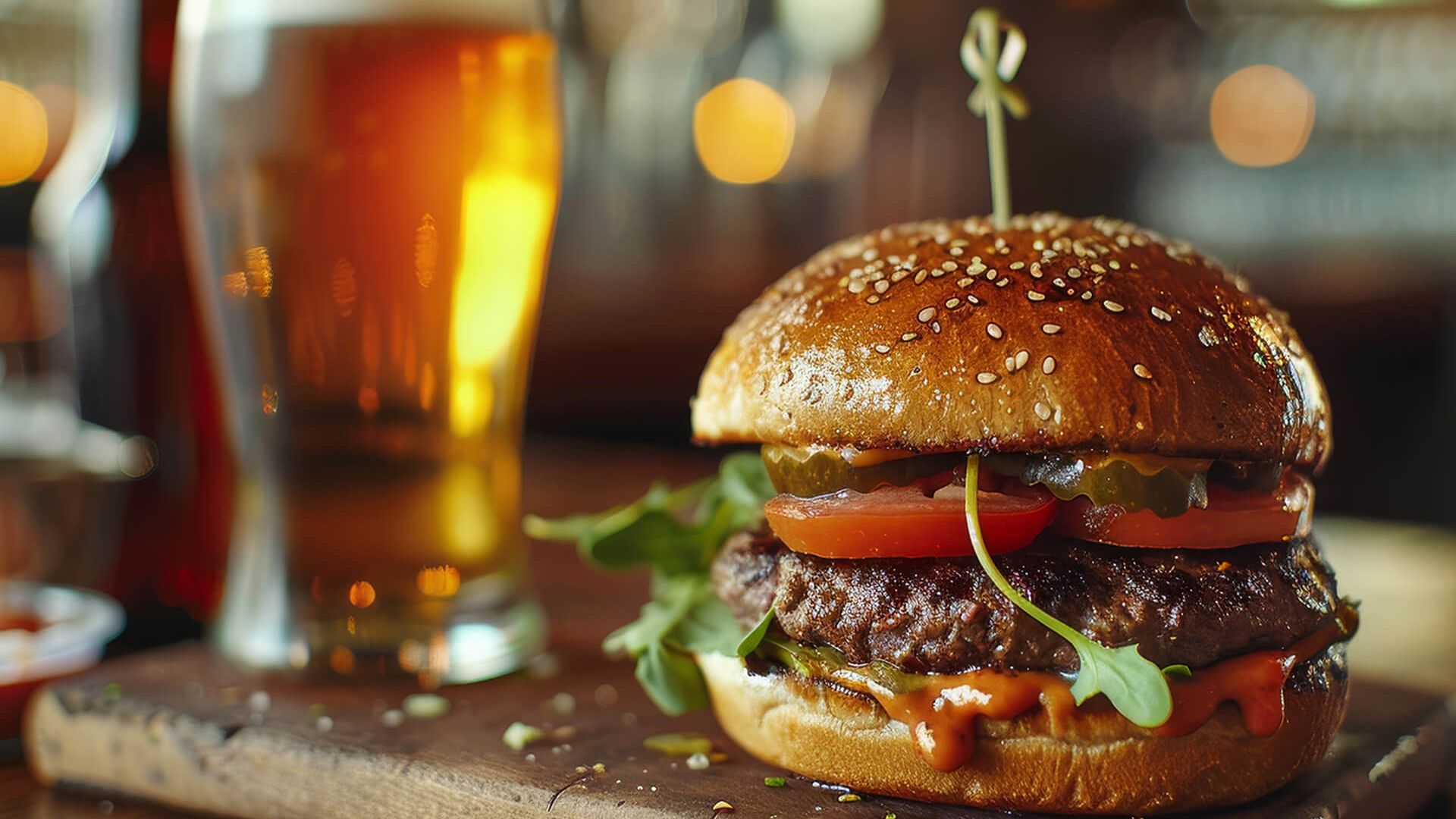 Burger und Bier auf einem Holztisch