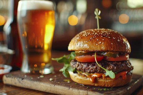 Burger und Bier auf einem Holztisch