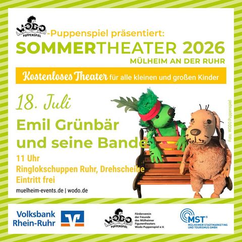 Zu sehen ist Emil Grünbär und eine weitere Marionette auf einer Bank.