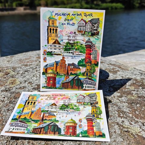 Mülheim-Souvenir: Postkarten mit Mülheim-Motiven von Klaus D. Schiemann, erhältlich in der Touristinfo