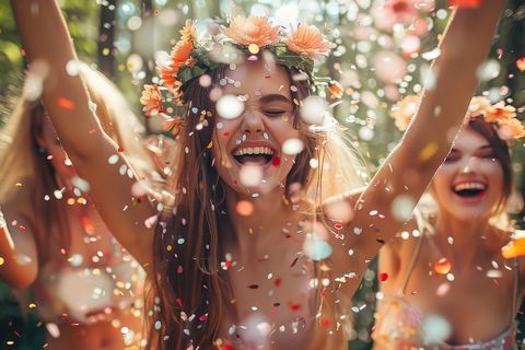 Lachende Frauen mit Blumenkränzen bei einer Mittsommer-Party