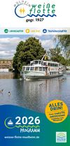 Titel zum Jahresprogramm 2026 mit großem Foto eines Schiffs auf einem ruhigen Fluss. Oberhalb steht das Logo der Weißen Flotte Mülheim, unterhalb der Titel „2026 Programm” und ein großer runder Störer mit Text „Alles drin!”