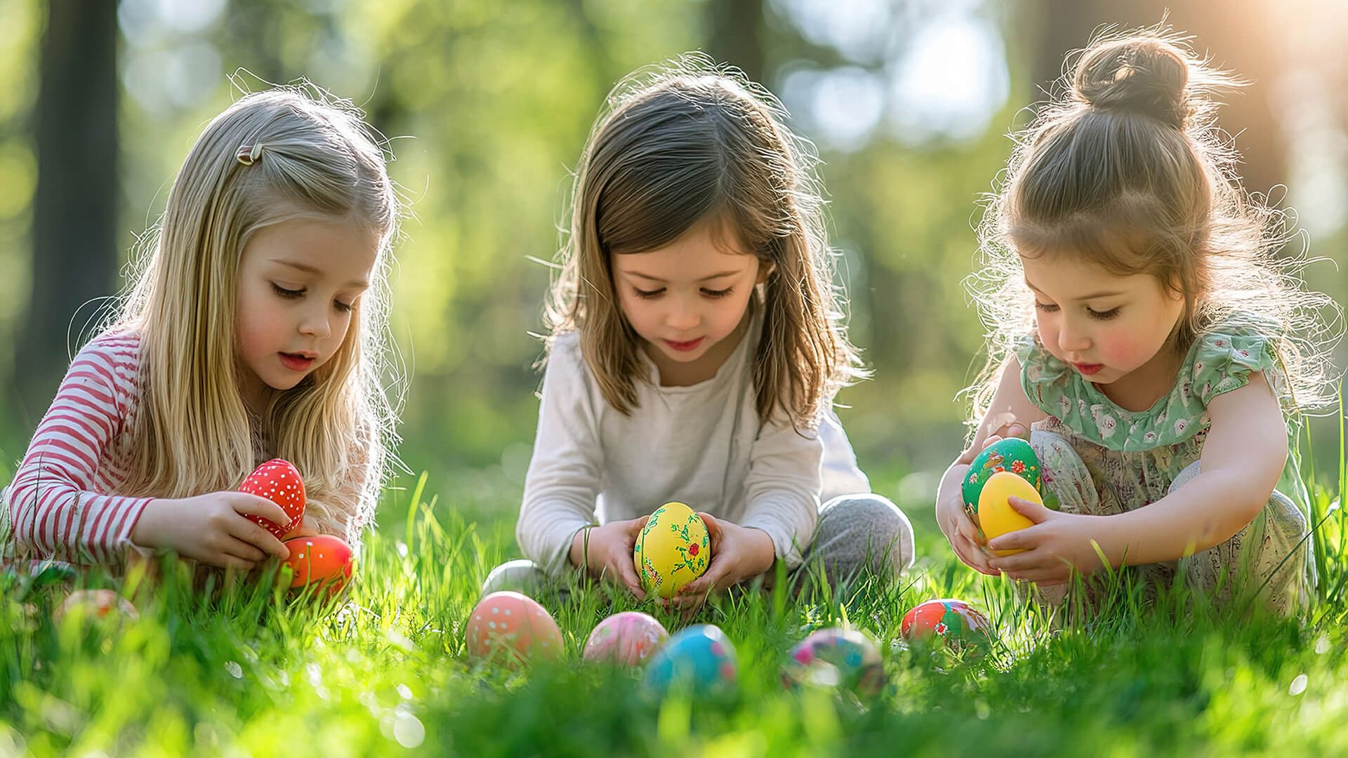 Kinder mit Ostereiern im Frühling auf einer Wiese